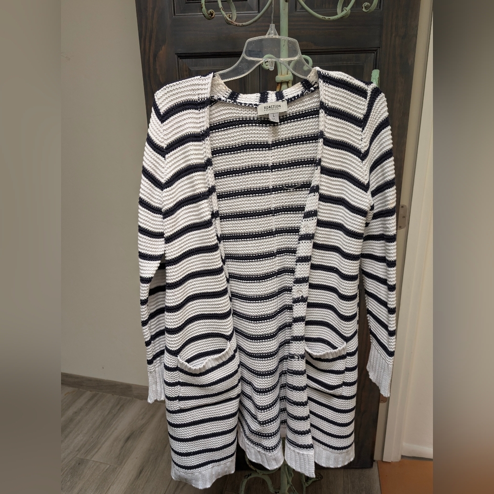 Reaction Kenneth Cole Women's Striped Cardigan Sweater - Navy and White